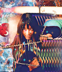 an image of a woman holding a chain with a star in the background