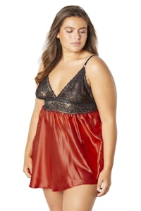 a plus size woman wearing a red and black lingerie
