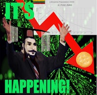 a man in a suit is holding up a sign that says it's happening