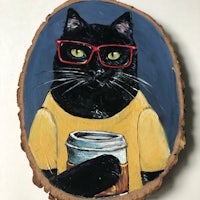 a painting of a black cat with glasses and a cup of coffee