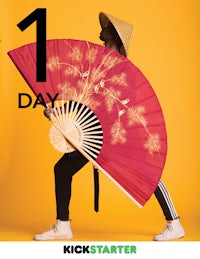 a woman holding a fan with the text 1 day kickstarter