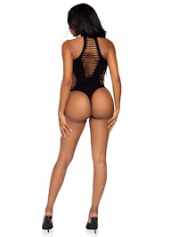the back of a woman in a black bodysuit