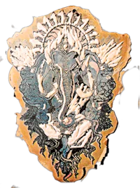 a piece of wood with an image of a ganesha on it