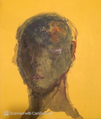 a painting of a man's head on a yellow background