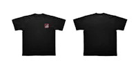 a black t - shirt with a red logo on it