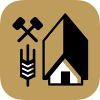 a black and gold icon with a house and a hammer