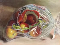 a painting of apples in a plastic bag