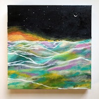 a painting of the ocean with a moon and stars