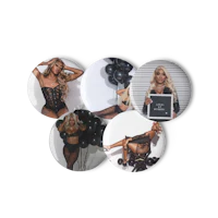 four black and white buttons with a woman holding a balloon