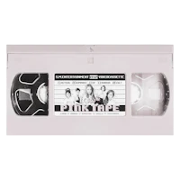 a pink vhs tape with two people on it
