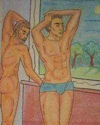 a drawing of two men in underwear