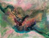 an abstract painting with green, blue, and pink colors