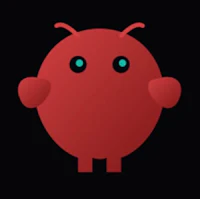 a red blob with blue eyes on a black background