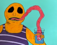 a painting of a yellow skeleton holding a glass of water