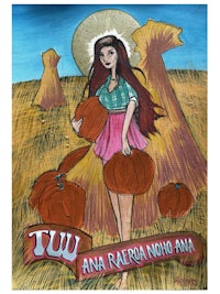 a drawing of a girl holding pumpkins in a field