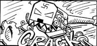 a black and white drawing of a robot with the word crack on it
