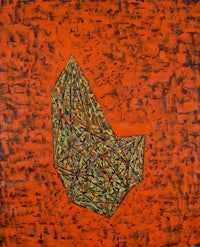 a painting of a geometric shape on an orange background