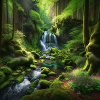 a waterfall in a lush green forest