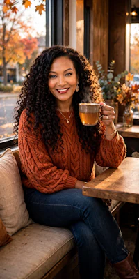 a woman with curly hair sitting on a bench holding a cup of coffee