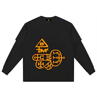 a black long sleeve t - shirt with an orange symbol on it