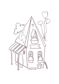 a drawing of a house with balloons and flowers