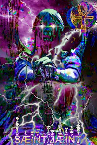 a purple and blue image of a man holding a lightning bolt