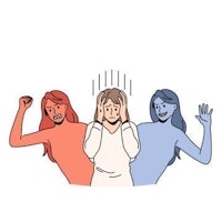 three women are holding their hands up in front of each other