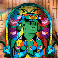 a stained glass image of a man in a hat