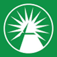 a green and white logo with a sun in the middle