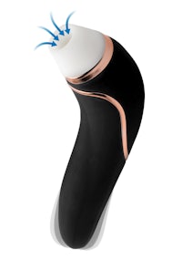 a black and rose gold sex toy on a white background