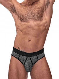 a man wearing a black and grey brief