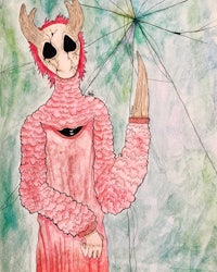 a drawing of a pink demon with horns