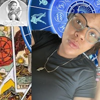 a woman with glasses and a tarot card