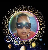 a photo of a woman with sunglasses and planets in the background