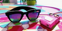 a pair of sunglasses and a pink car on a colorful tiled floor