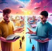 two men standing in front of a city with a book in their hands