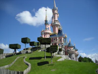 a pink castle on top of a hill