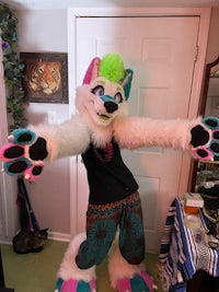a cat mascot is standing in a room