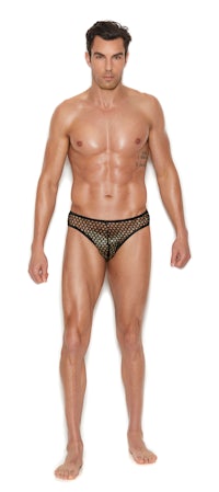 a man wearing a black fishnet thong