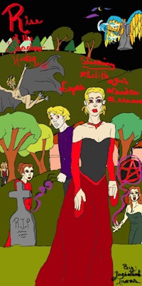 a cartoon of a woman dressed in red and a man dressed in black