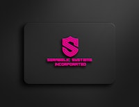 a pink logo with a shield on a black background