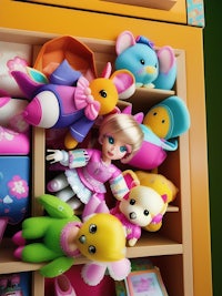 dolls and stuffed animals in a toy box
