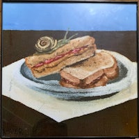 a painting of a sandwich on a plate