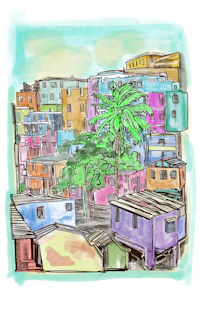 a colorful drawing of a city with houses and palm trees