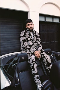 a man in a paisley suit sitting on top of a car