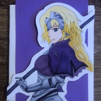 an anime girl holding a sword on a purple card