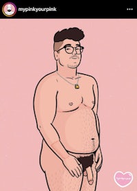 a cartoon of a man with glasses and a pink shirt