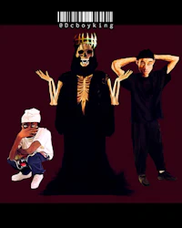 a group of people standing next to a skeleton and a barcode
