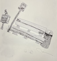 a drawing of a bench with a bird on it