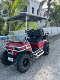 a red golf cart parked next to a palm tree